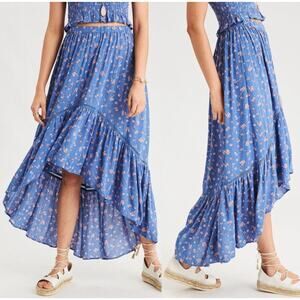 American Eagle Outfitters Blue Floral Ruffle High Low Skirt Size XS Fairy‎ Y2K